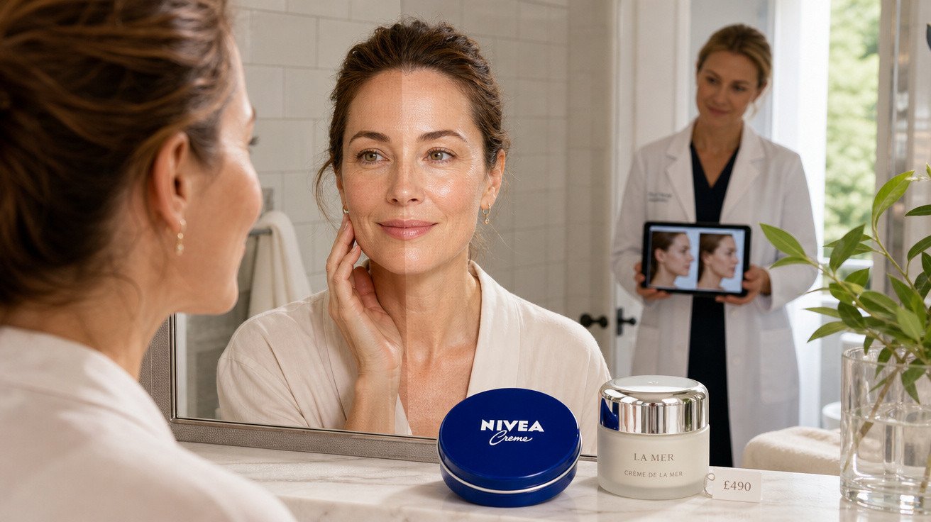 Mulher se observa no espelho tocando o rosto, com cremes Nivea e La Mer na frente e dermatologista ao fundo.