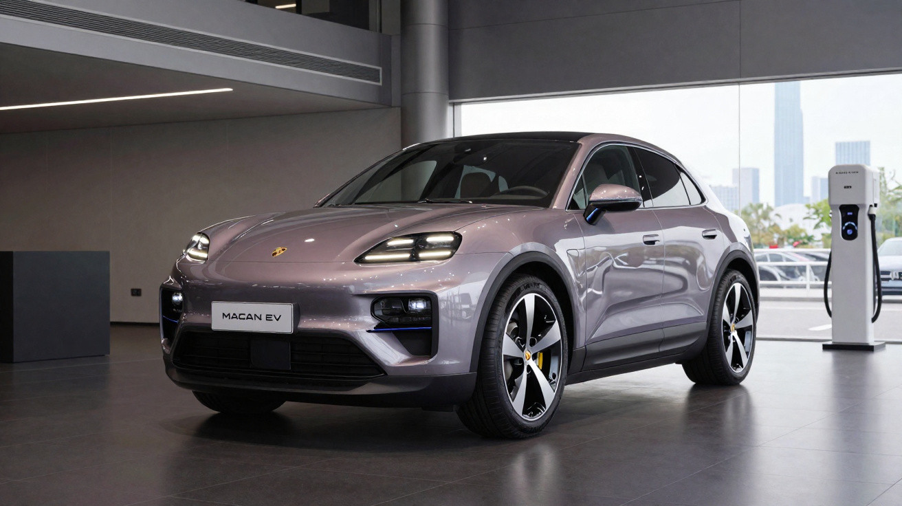 Carro elétrico Porsche Macan EV cinza em showroom moderno com carregador elétrico ao fundo.