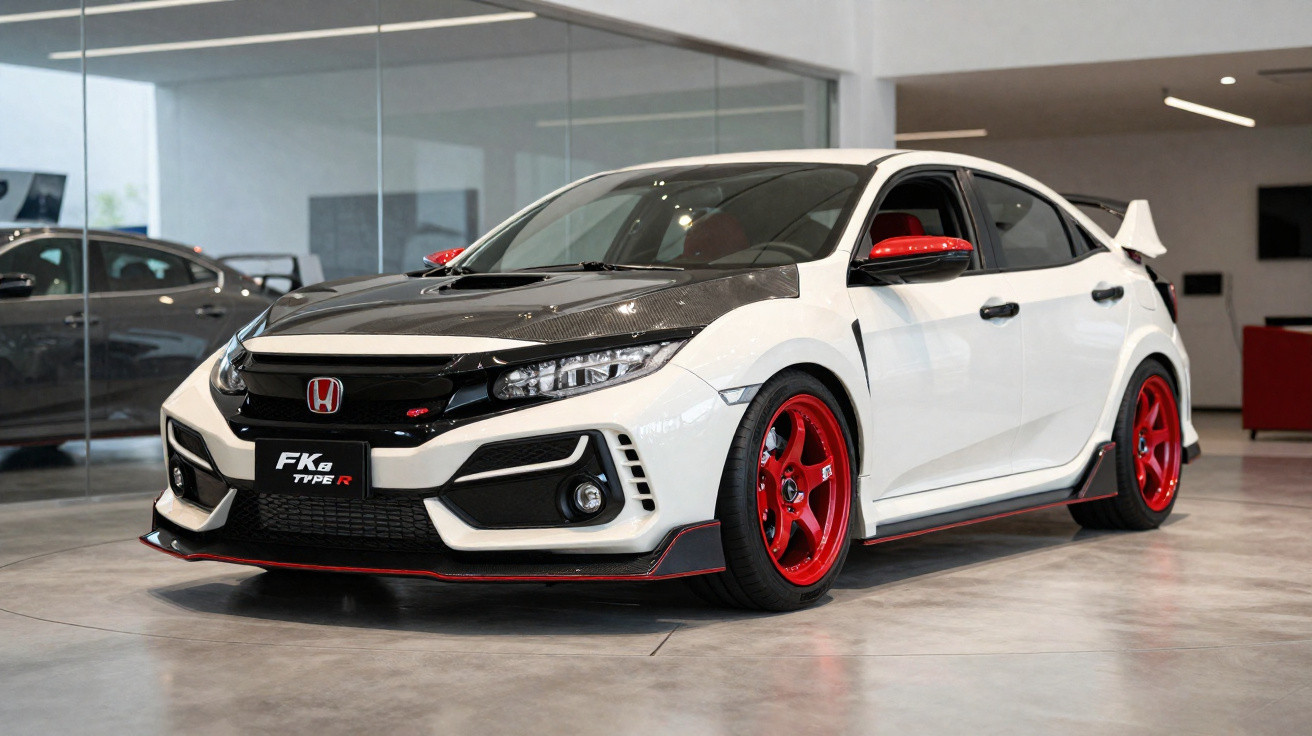 Carro esportivo branco com capô preto e rodas vermelhas em exibição dentro de showroom moderno.