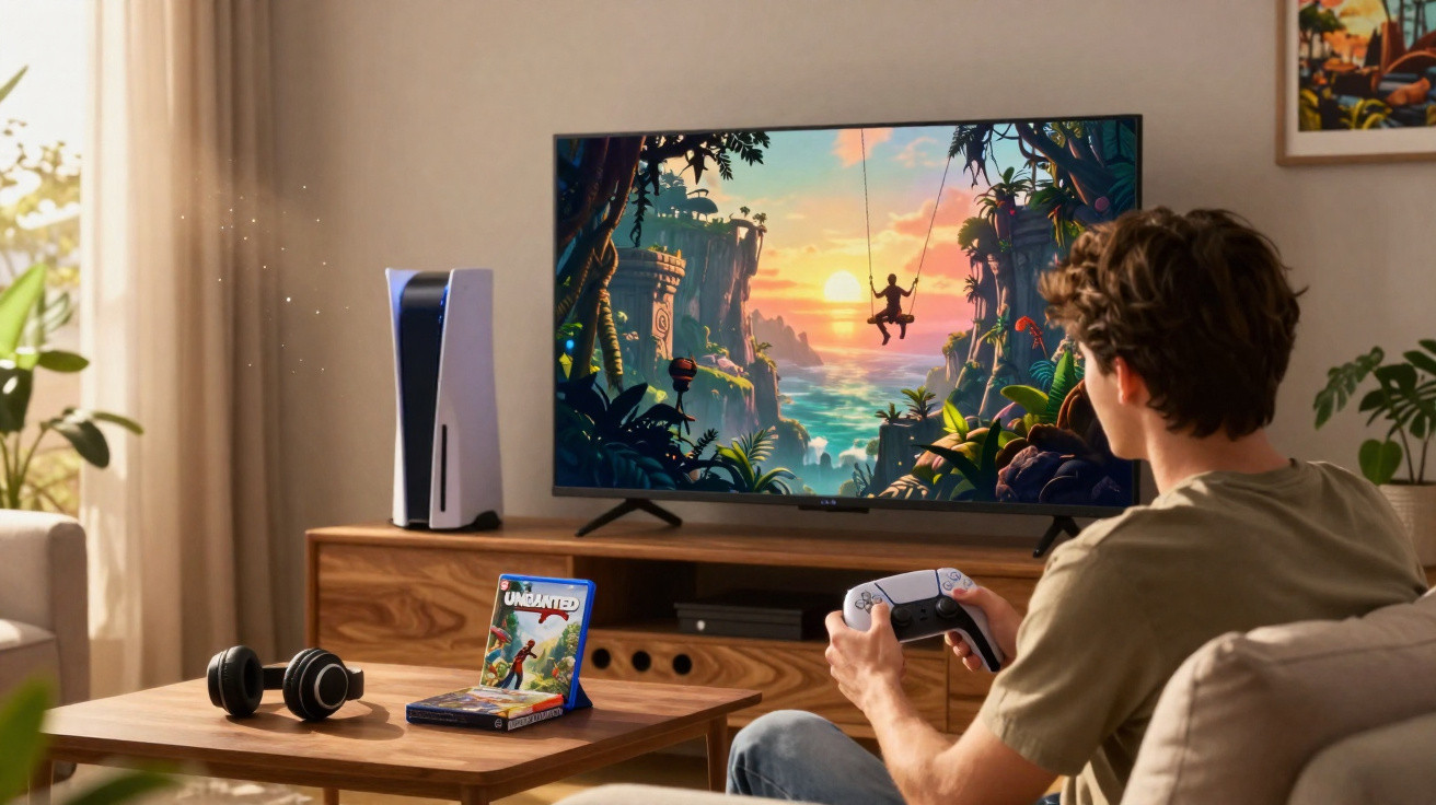Jovem jogando videogame com controle e televisão exibindo jogo de aventura colorido em sala moderna.