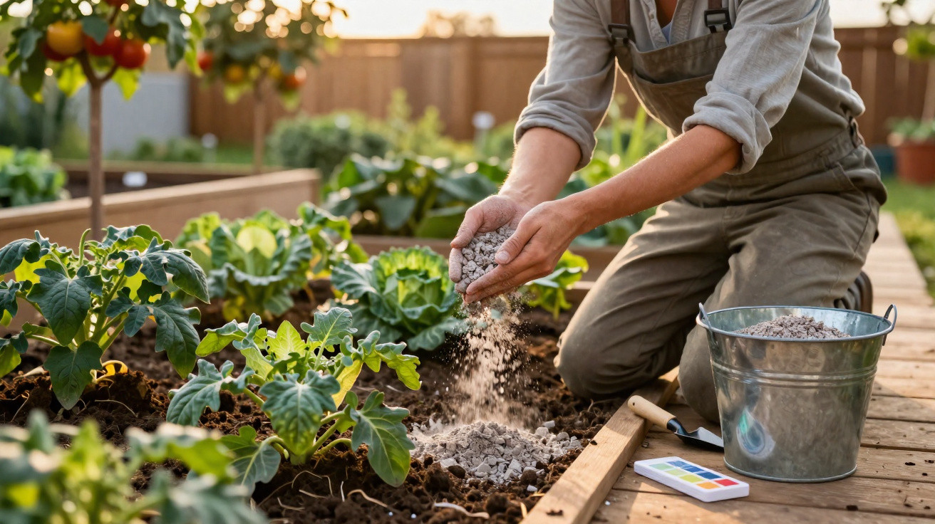 Pessoa aplicando fertilizante em plantas em horta caseira com tomateiros ao fundo em dia ensolarado.