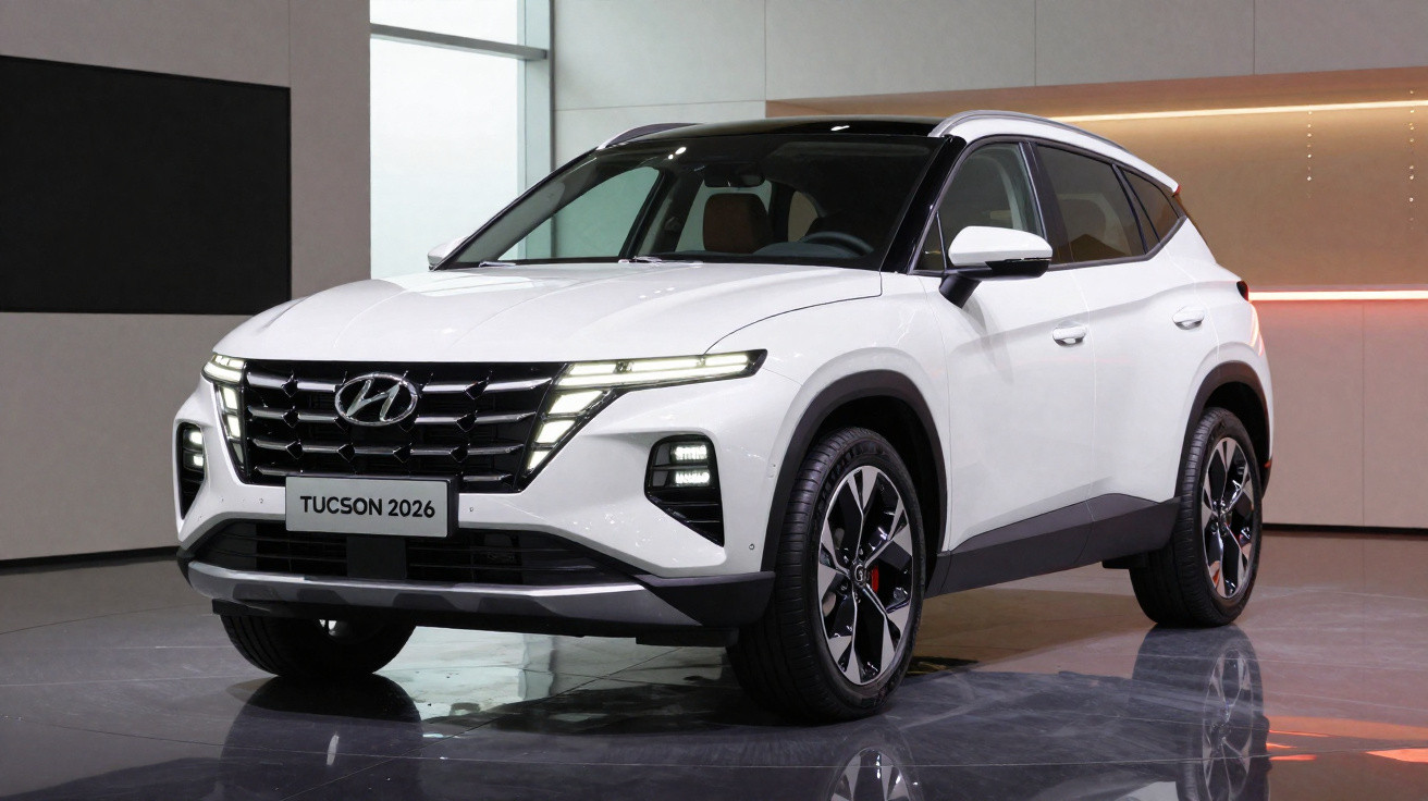 SUV Hyundai Tucson 2026 branco exposto em ambiente interno com iluminação amarela no fundo.