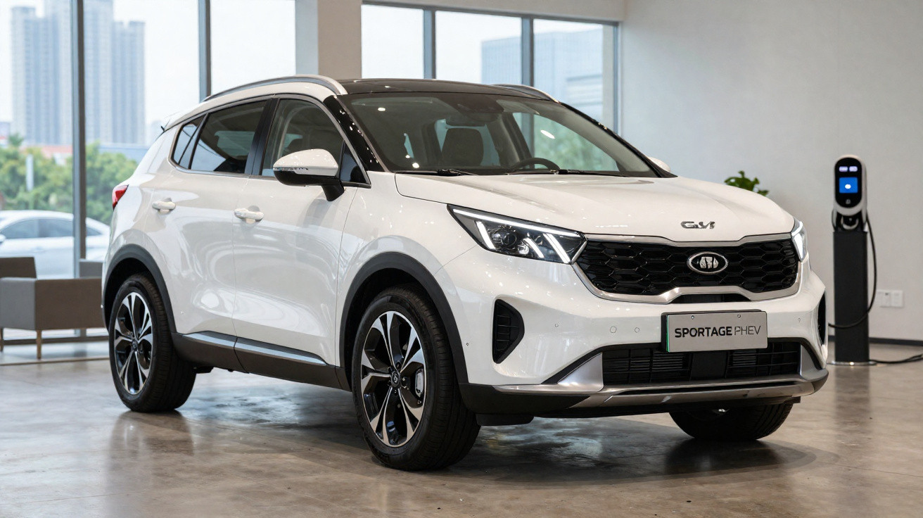 Carro SUV branco Kia Sportage PHEV estacionado em showroom com carregador elétrico ao fundo.