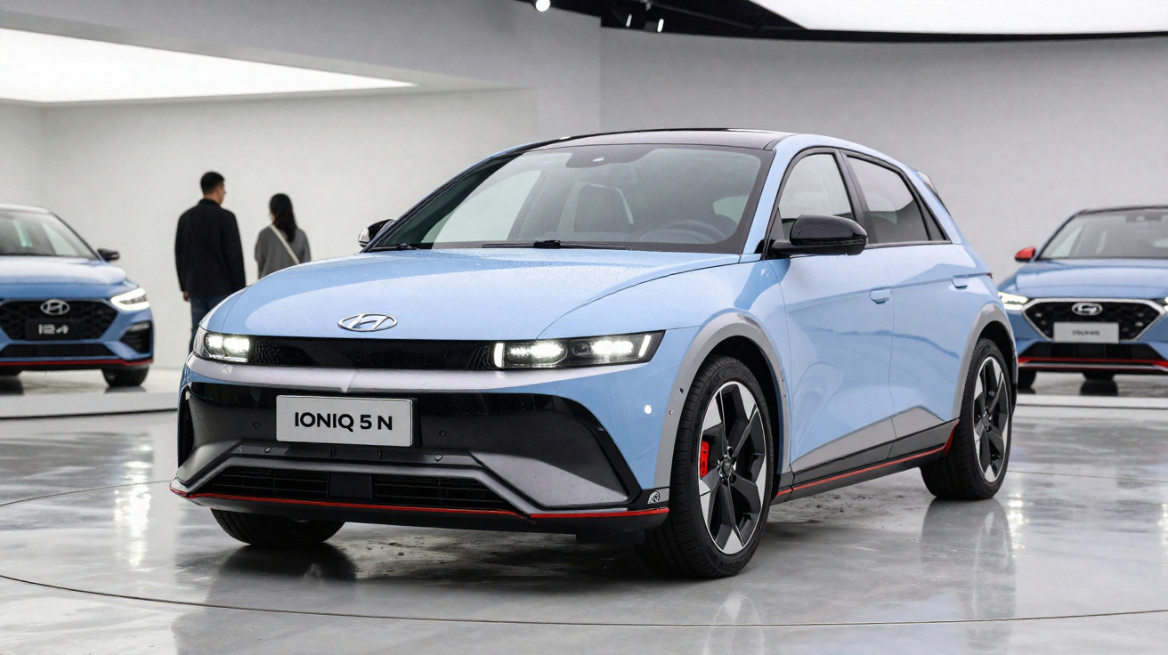 Carro elétrico Hyundai Ioniq 5 N azul exibido em salão de automóveis moderno.