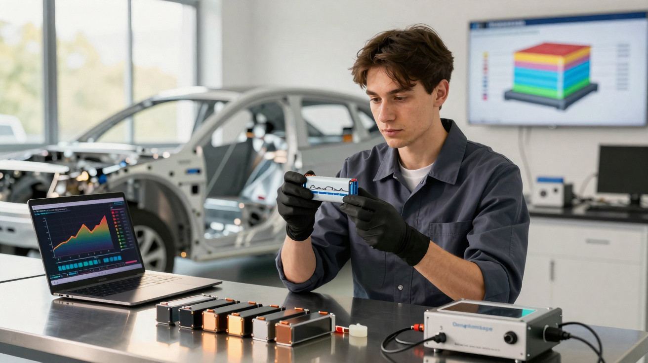 Homem analisa bateria em laboratório com carro elétrico e gráficos ao fundo.