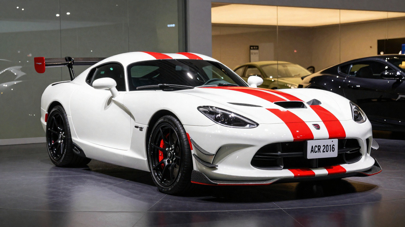 Carro esportivo branco com faixas vermelhas, rodas pretas e aerofólio, exibido em showroom iluminado.