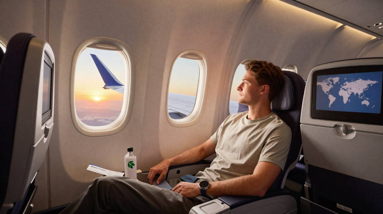 Homem sentado em avião observando o pôr do sol pela janela ao lado do assento.