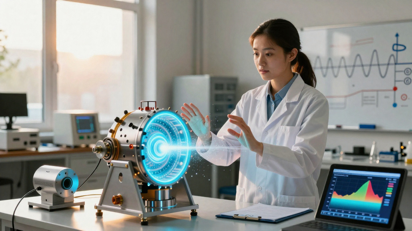 Cientista em laboratório interagindo com dispositivo tecnológico com interface holográfica azul.