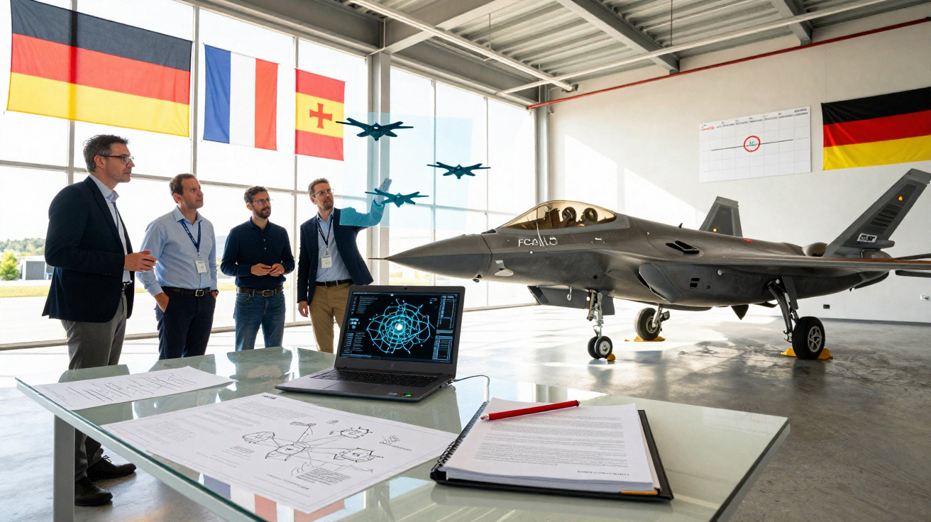 Equipe analisando modelo de avião militar em hangar com bandeiras da Alemanha, França e Espanha ao fundo.