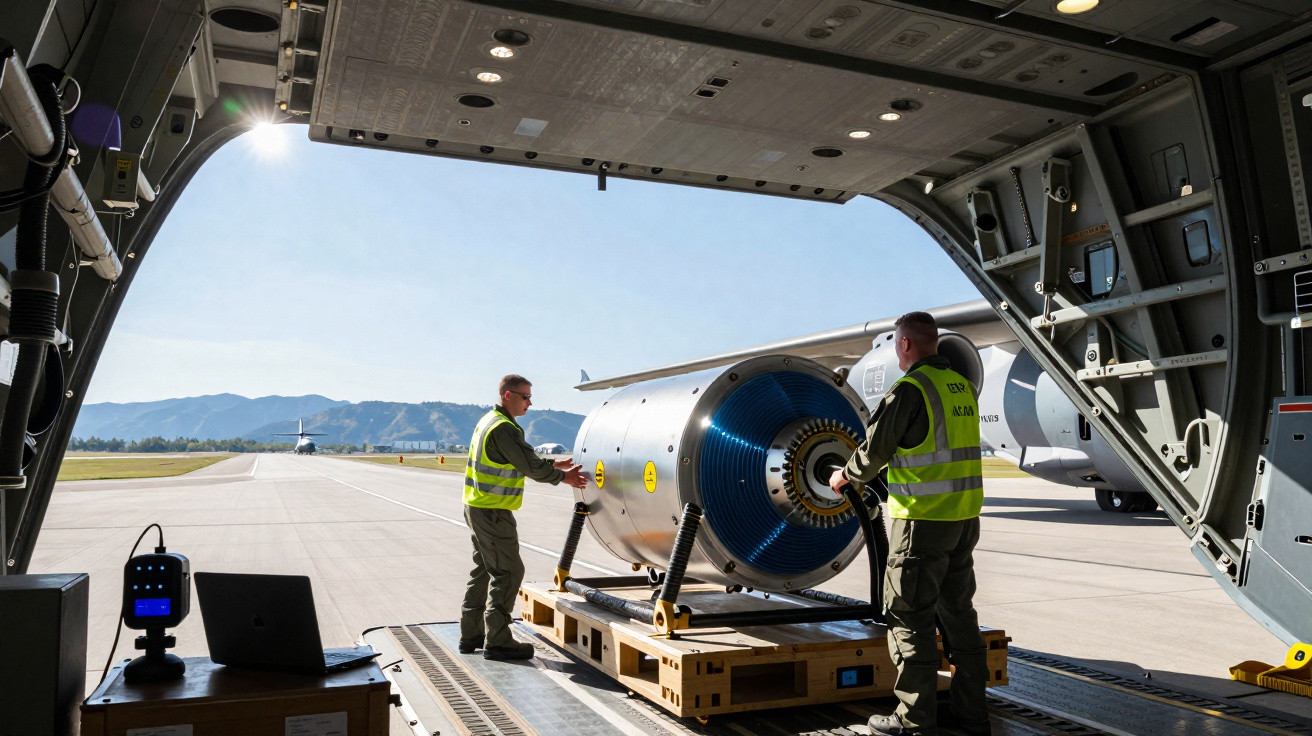 Dois militares com coletes refletores carregando equipamento cilíndrico em avião militar aberto na pista.