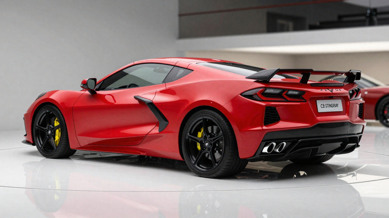 Carro esportivo vermelho Chevrolet Corvette C8 Stingray com rodas pretas e freios amarelos em ambiente interno.