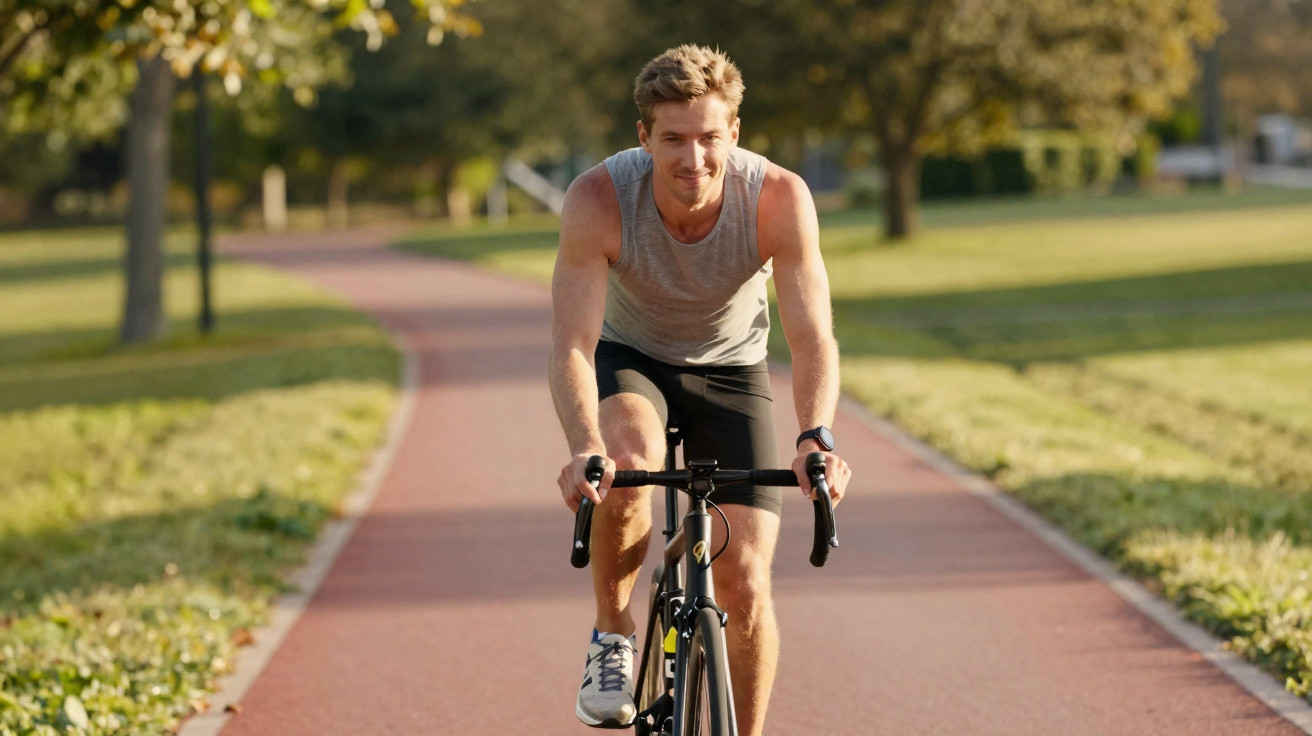 Homem usando camiseta regata cinza andando de bicicleta em pista de corrida ao ar livre.