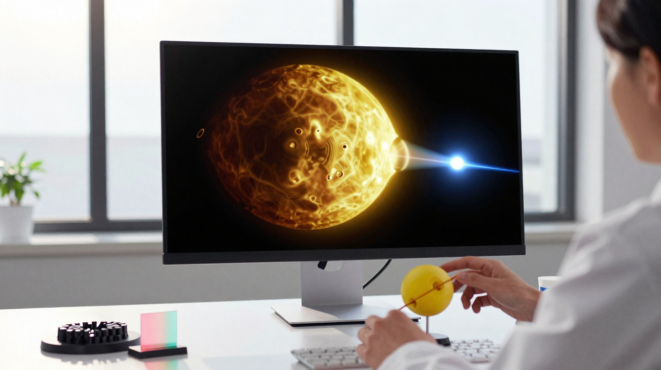 Pessoa segurando modelo do sistema solar enquanto observa simulação de estrela e planeta na tela do computador.