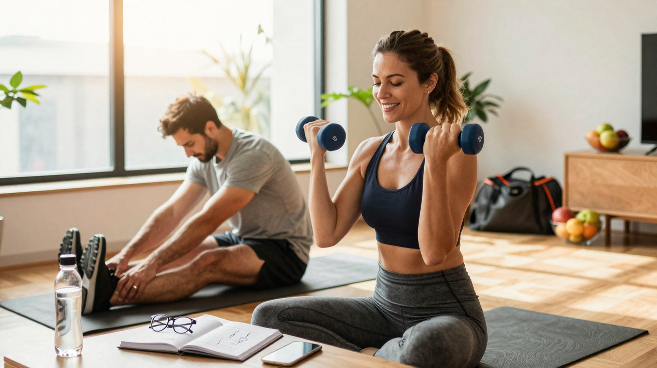Casal exercitando em casa, mulher com halteres e homem fazendo alongamento no tapete de yoga.