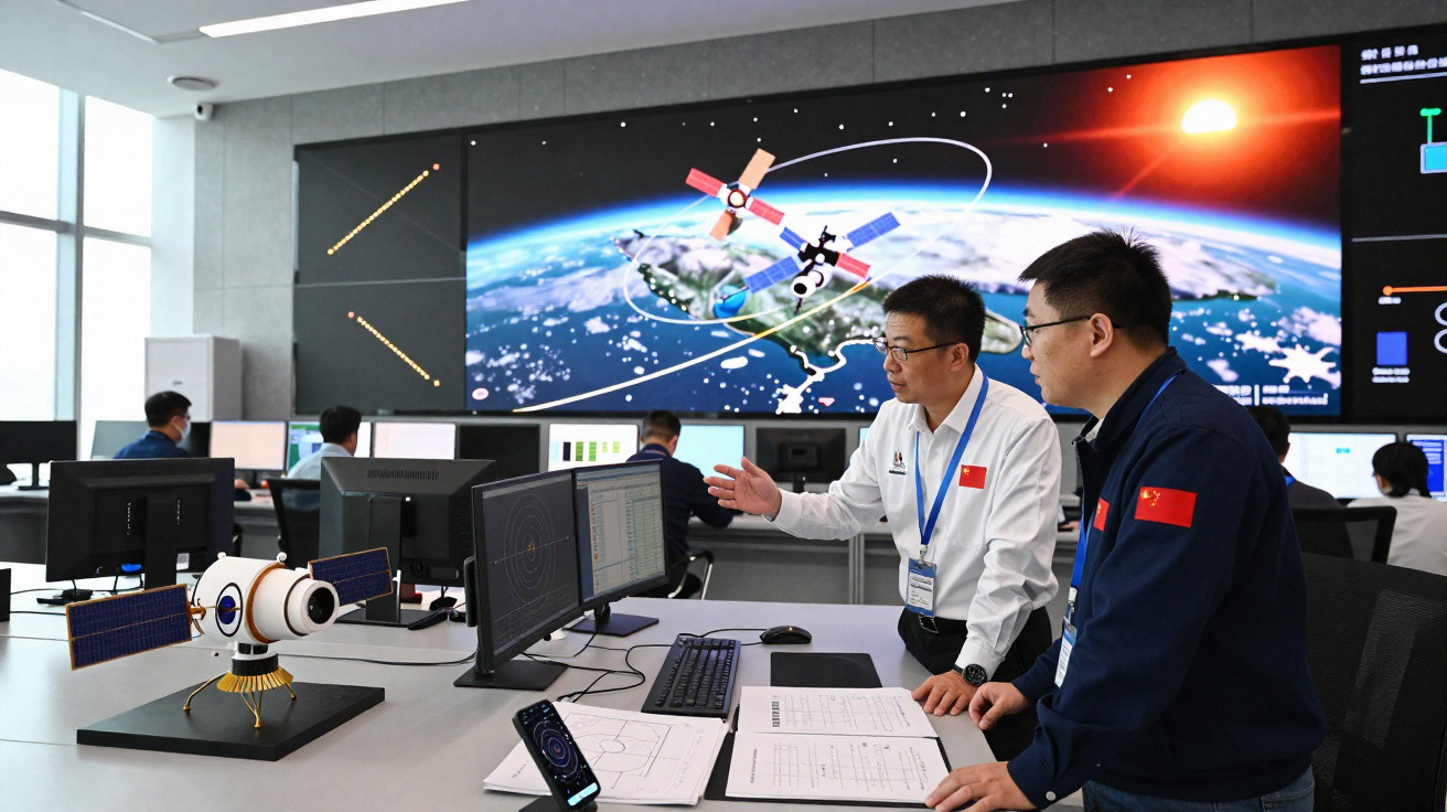 Dois homens observam dados em monitores em centro de controle com mapa da Terra e satélites ao fundo.