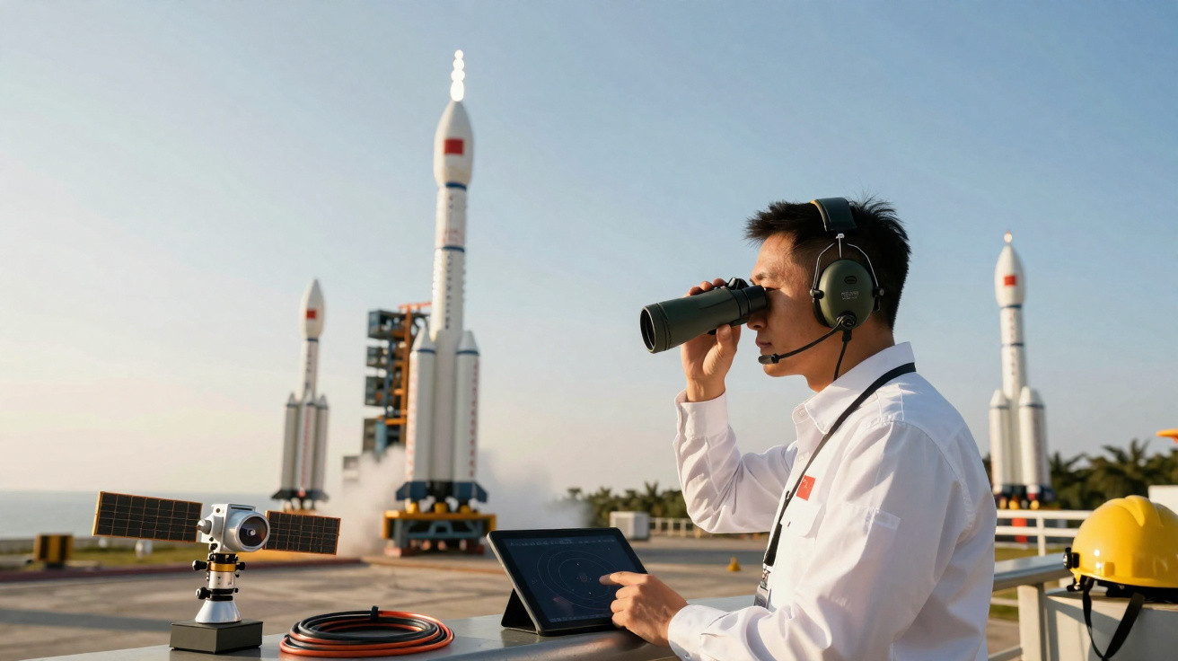Homem observa foguetes com binóculos em plataforma de lançamento, com tablet e equipamento ao redor.