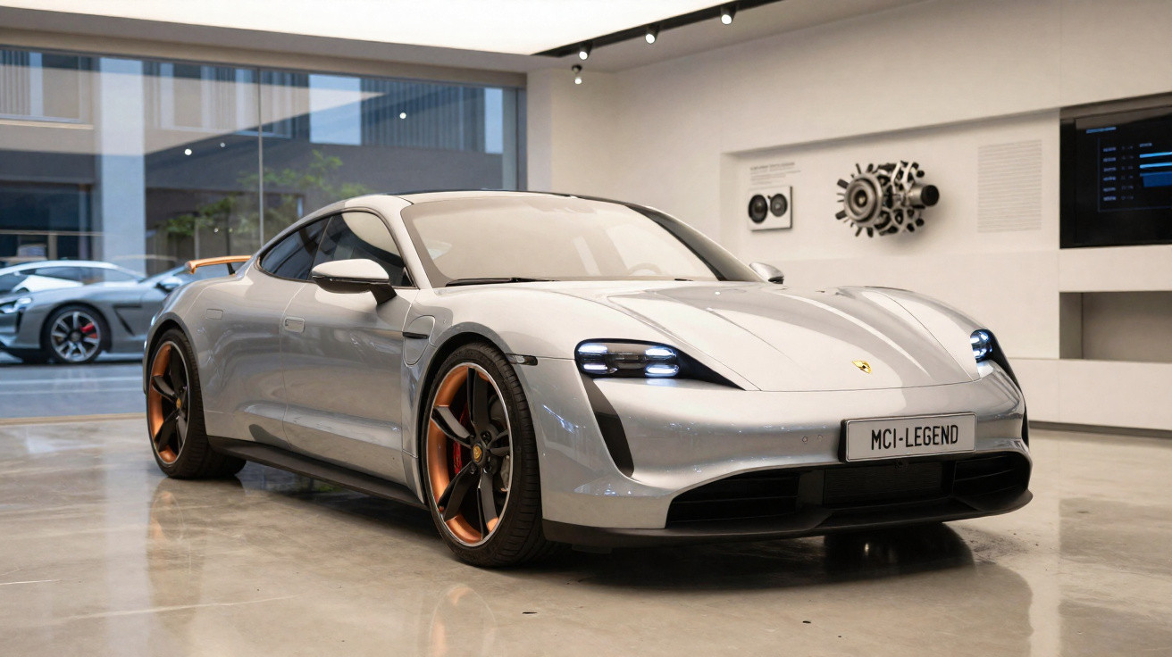 Carro esportivo prata estacionado em showroom moderno, com rodas de liga leve e faróis acesos.