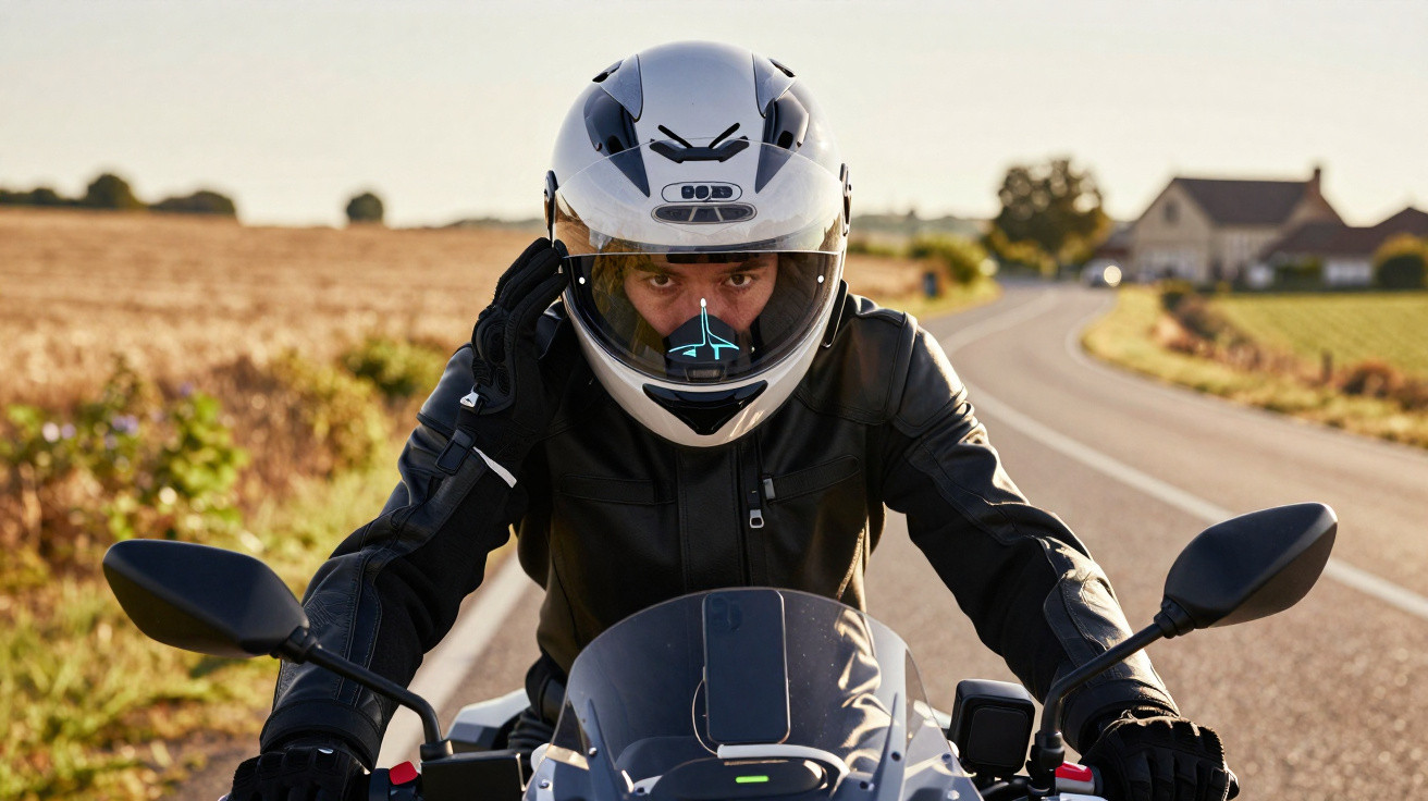 Motociclista com capacete branco e jaqueta preta pilotando moto em estrada rural ao entardecer.