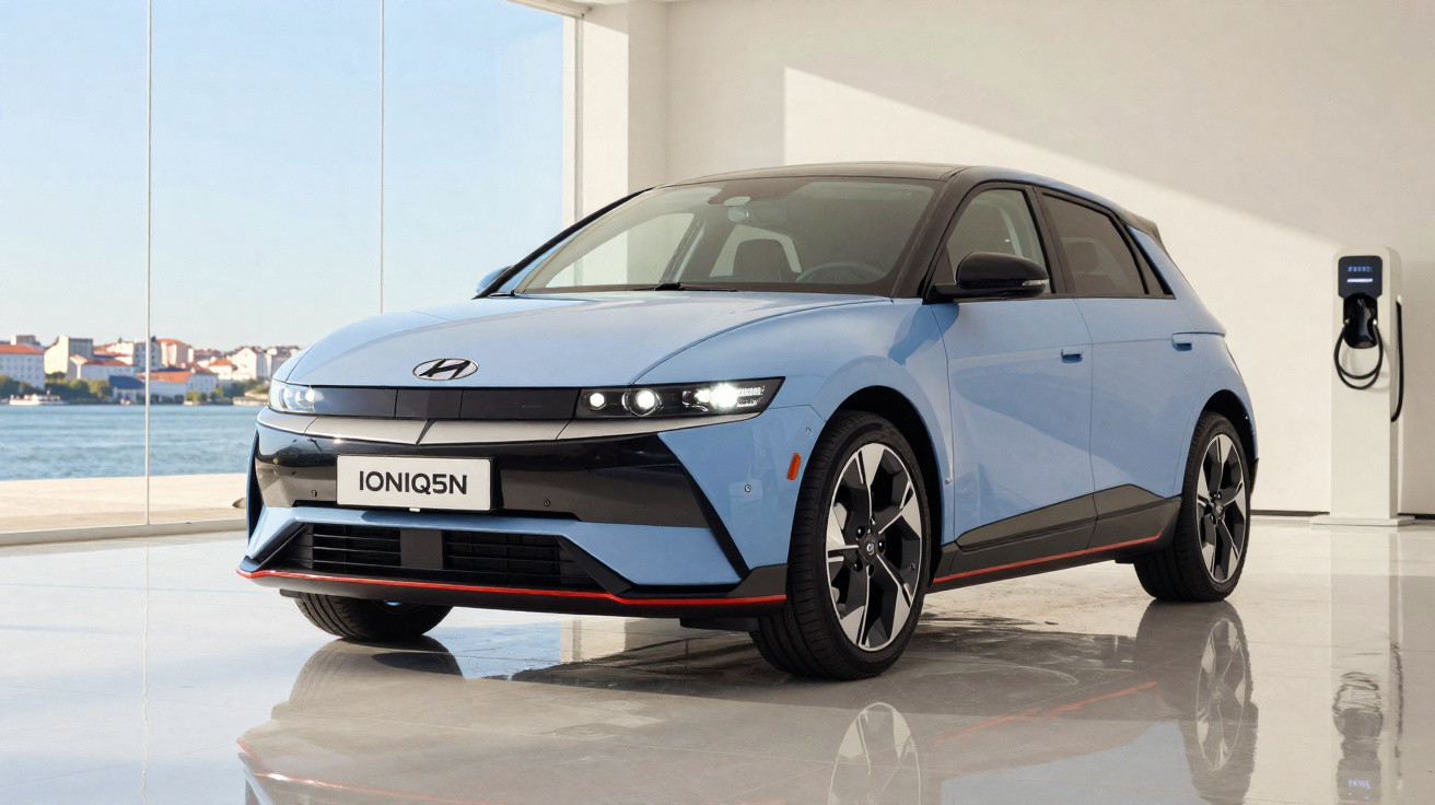 Carro elétrico Hyundai Ioniq 5N azul estacionado em ambiente interno com parede branca e carregador elétrico.