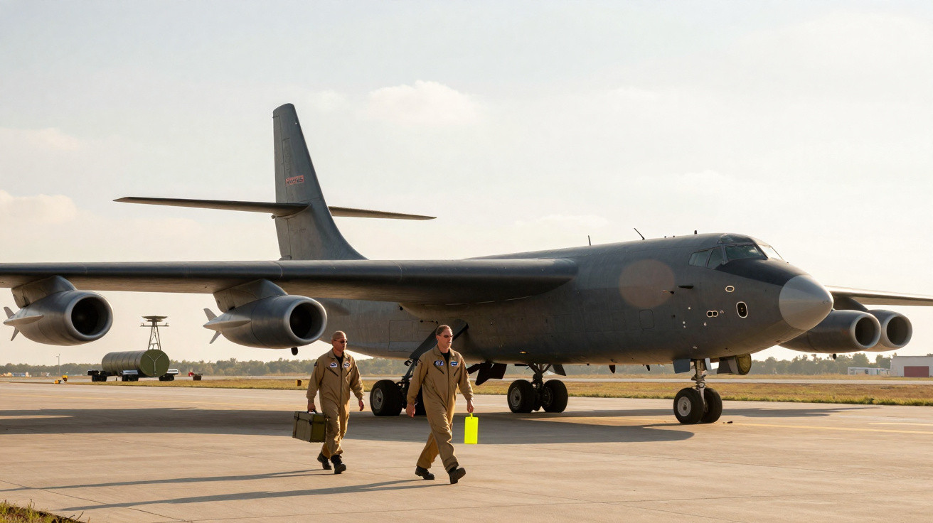 Avião militar cinza estacionado no aeroporto com dois pilotos em uniformes andando à frente.
