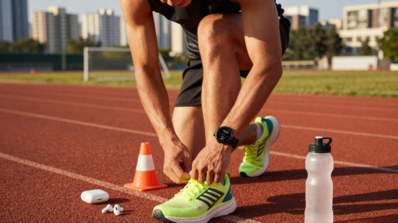 Atleta amarrando tênis amarelo em pista de corrida com garrafa d'água e fones ao lado.