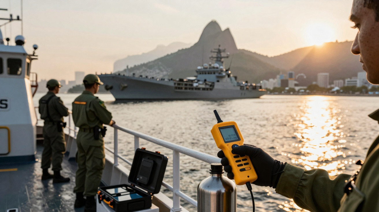 Militares em barco monitoram navio de guerra na baía do Rio de Janeiro ao pôr do sol, com o Pão de Açúcar ao fundo.