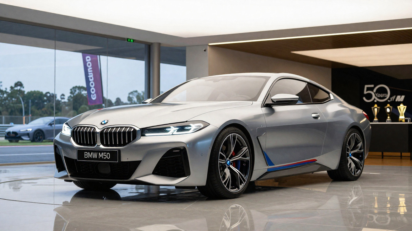 Carro esportivo BMW M50 prata exibido em showroom moderno com luzes refletidas no chão.