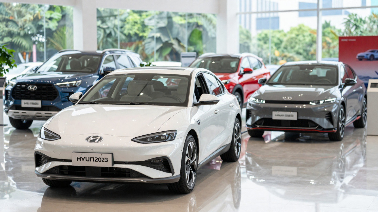 Showroom com carros Hyundai novos expostos em ambiente iluminado e moderno, destaque para modelo branco à frente.