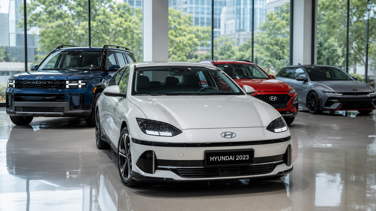 Carros Hyundai 2023 em exposição dentro de showroom moderno com parede de vidro e luz natural.