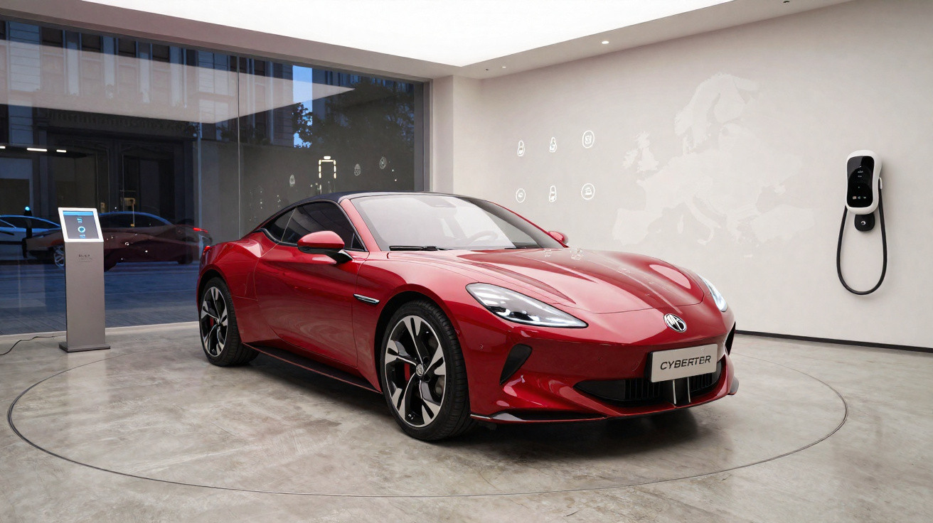 Carro esportivo elétrico vermelho modelo Cyberter em exposição numa sala moderna com carregador na parede.