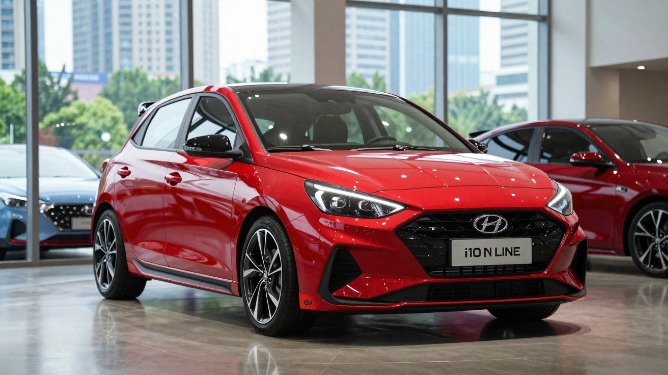 Carro hatchback vermelho Hyundai i10 N Line estacionado em showroom moderno com vidros grandes.