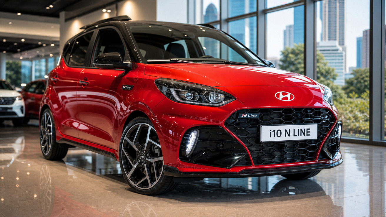 Carro Hyundai i10 N Line vermelho exibido em showroom moderno com fachada de vidro e prédios ao fundo.