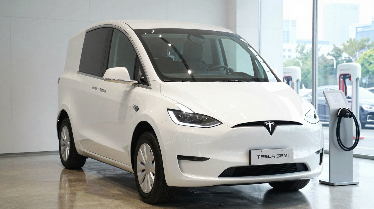 Carro elétrico Tesla Semi branco em exposição interna com estação de recarga elétrica ao lado.
