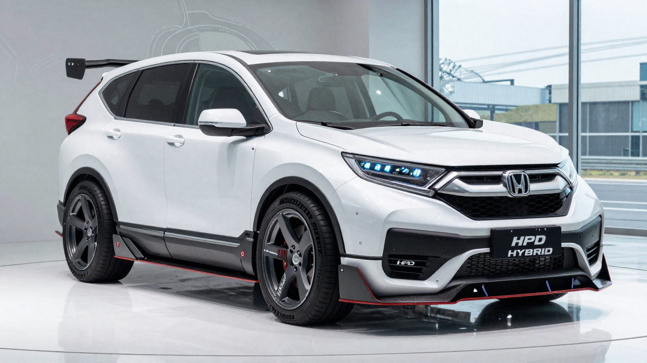 SUV branco Honda HPD Hybrid com design esportivo exibido em ambiente interno.