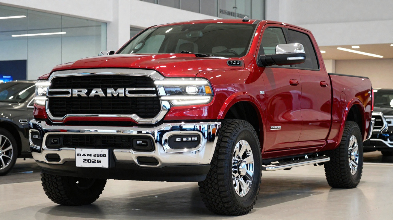 Picape vermelha RAM 2500 2026 exposta em showroom, vista frontal e lateral direita.