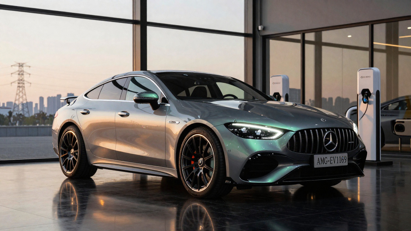 Carro elétrico Mercedes-Benz AMG prata estacionado em showroom moderno com estações de recarga ao fundo.