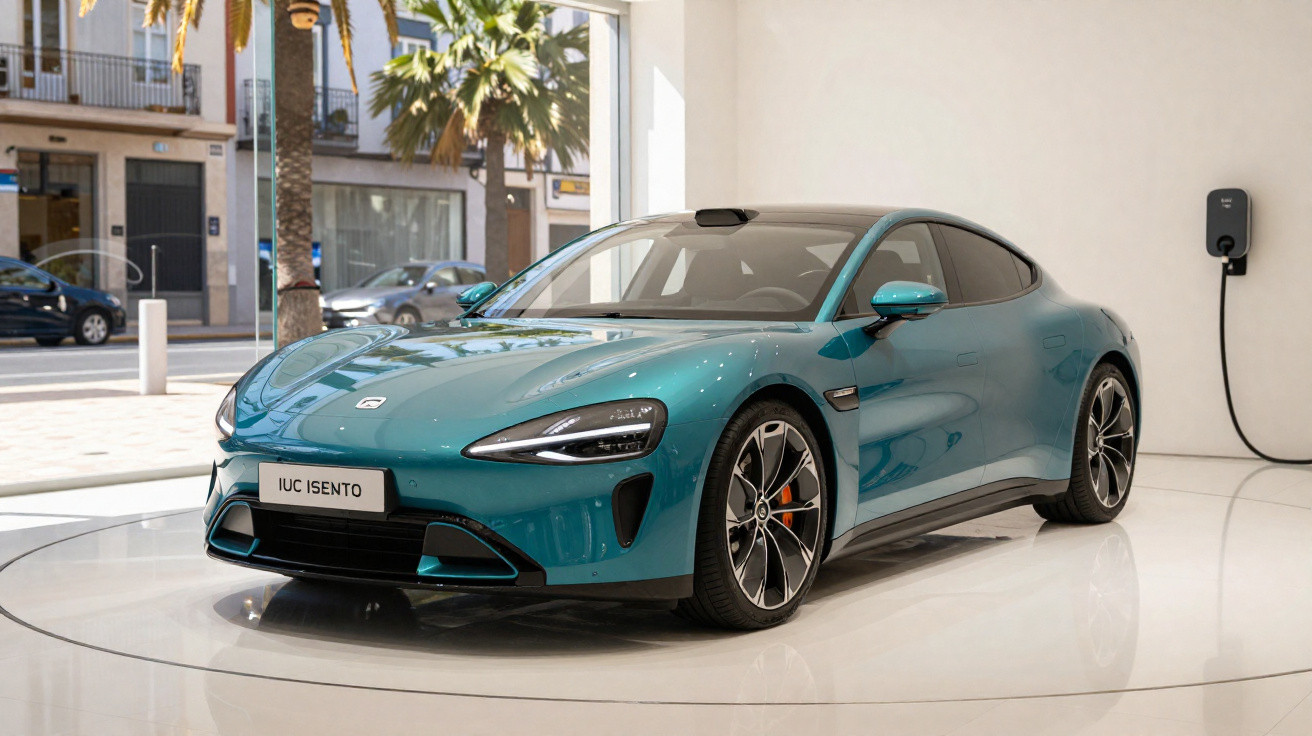 Carro esportivo elétrico azul em exposição interna com carregador conectado na parede ao fundo.