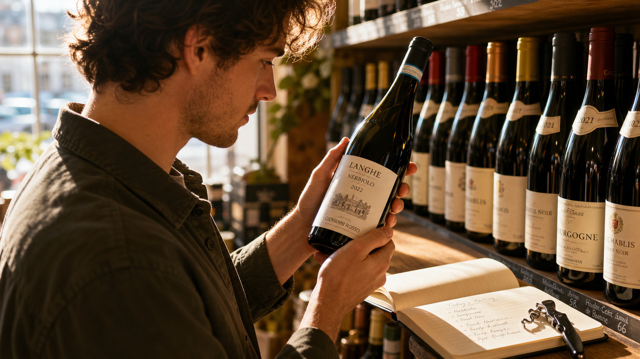 Homem analisa rótulo de garrafa de vinho numa adega com prateleiras e caderno aberto à sua frente.