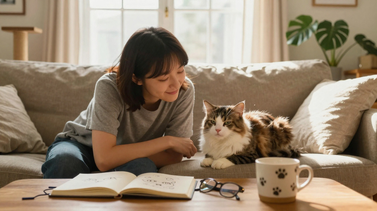 Mulher sentada no sofá olhando para um gato ao lado, com livro aberto e caneca na mesa à frente.