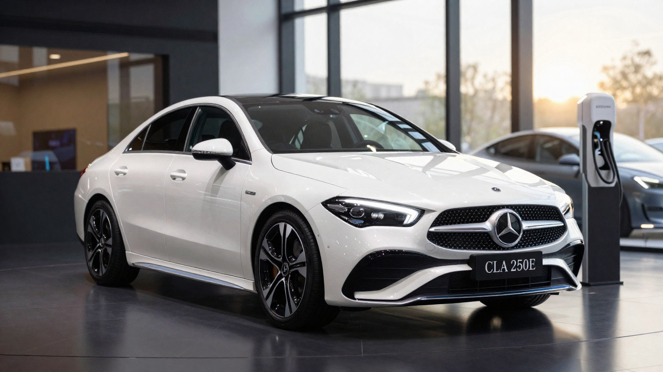 Carro elétrico Mercedes-Benz CLA 250E branco em showroom ao lado de estação de recarga.