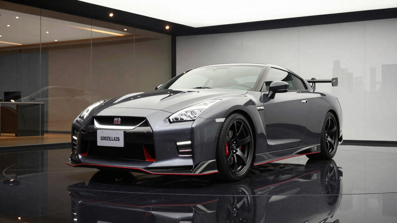 Carro esportivo cinza Nissan GT-R em exposição interna com piso espelhado e placa personalizada Godzilla26.