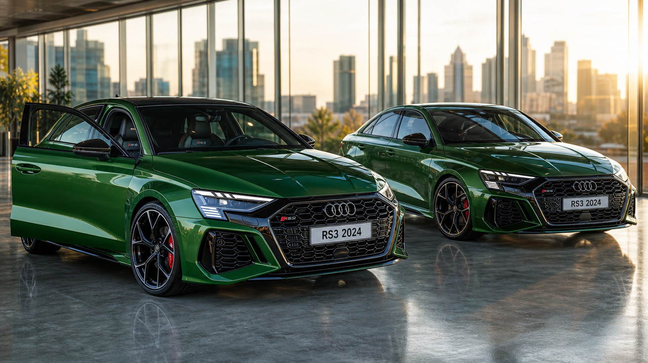 Dois carros Audi RS3 2024 verdes estacionados em piso de garagem com vidro ao fundo e sol ao entardecer.
