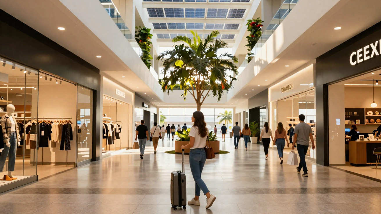 Interior de shopping moderno com pessoas caminhando, lojas de roupas e planta central decorativa.
