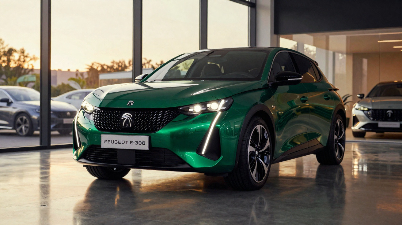 Carro elétrico Peugeot e-308 verde em showroom com iluminação natural e reflexos no piso polido.