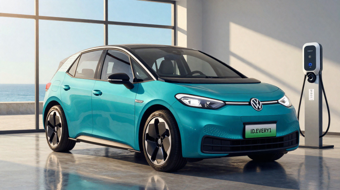 Carro elétrico Volkswagen ID.3 azul carregando em estação de recarga interna com vista para o mar.