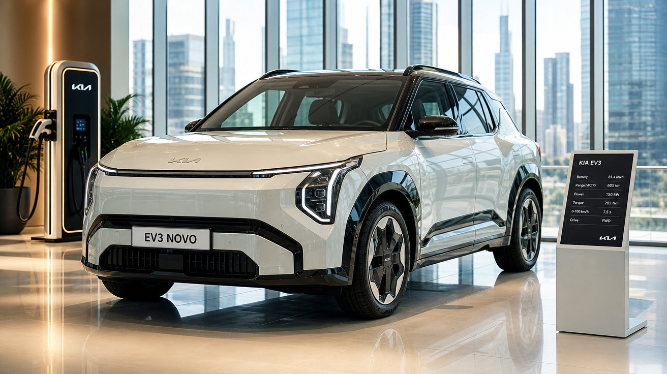 Carro elétrico branco Kia EV3 exposto em showroom moderno com vista para arranha-céus ao fundo.
