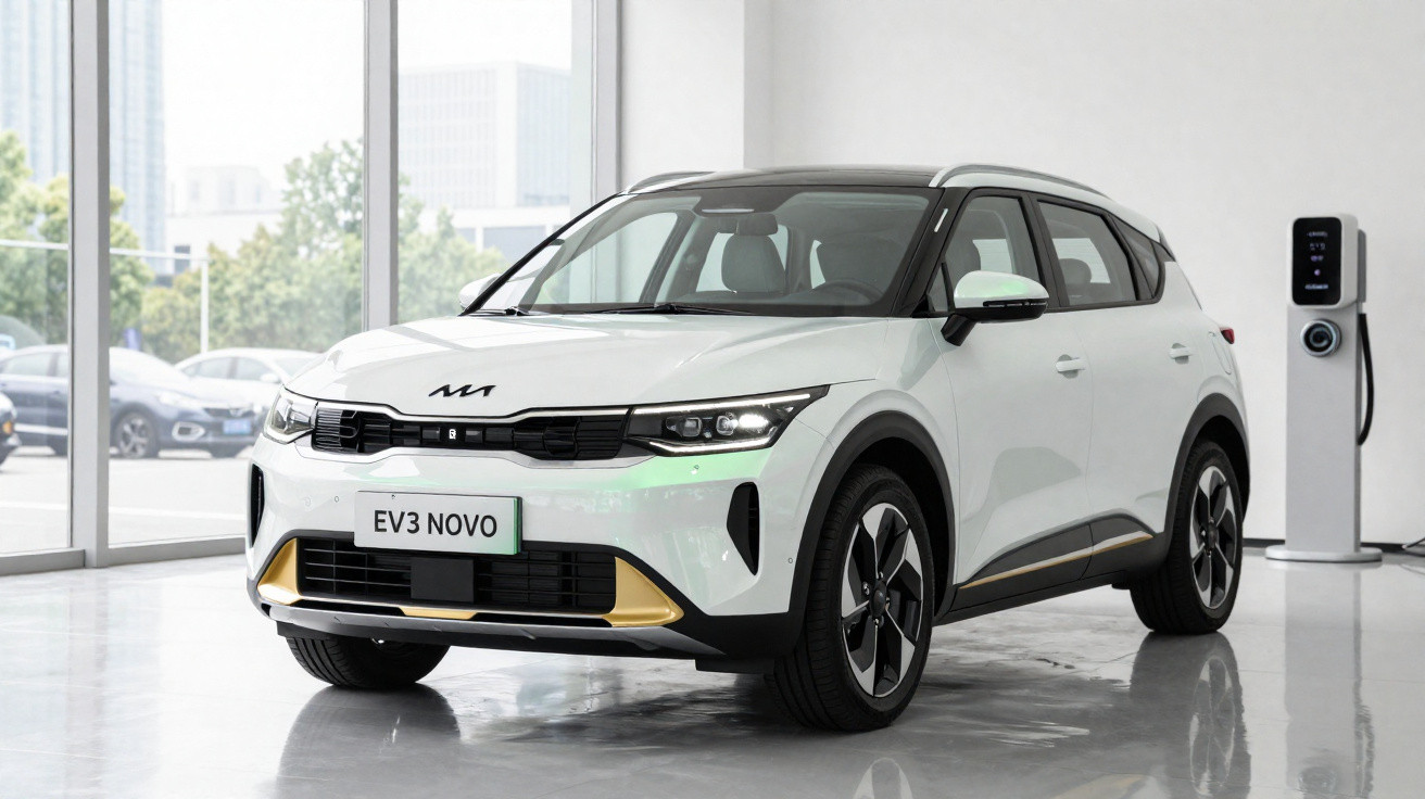 Carro elétrico branco Kia EV3 Novo estacionado dentro de showroom com carregador elétrico ao lado.