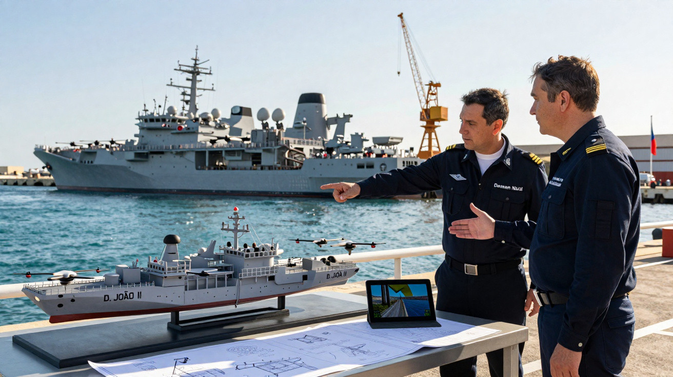 Dois oficiais navais analisando maquete de navio e plantas em mesa, com navio de guerra ao fundo no porto.