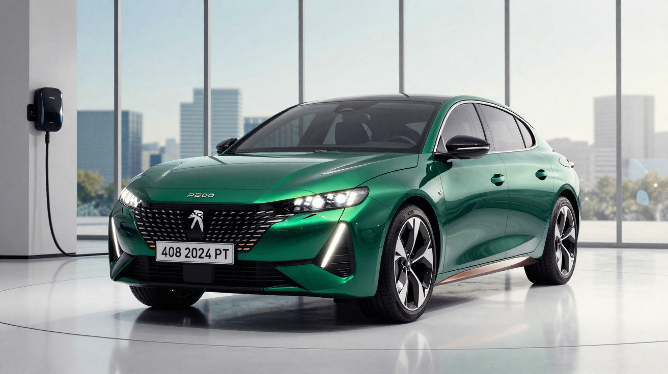 Carro elétrico verde Peugeot 408 2024 estacionado em showroom moderno com carregador na parede.