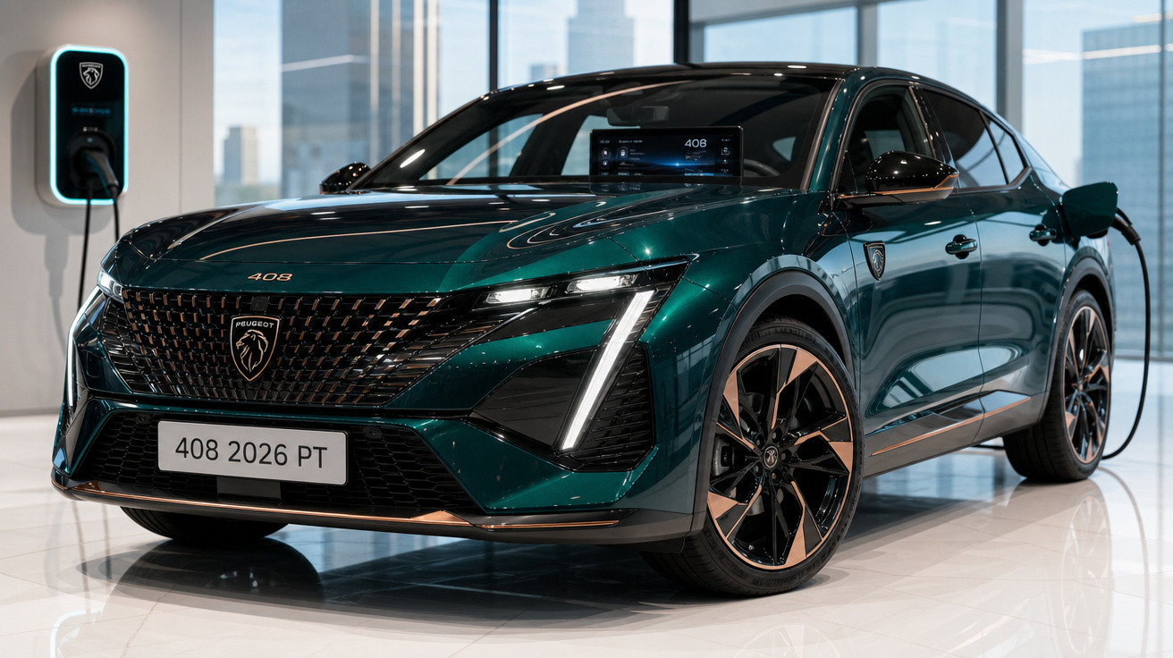 Carro elétrico Peugeot 408 verde escuro em recarga dentro de showroom moderno com janelas de vidro.